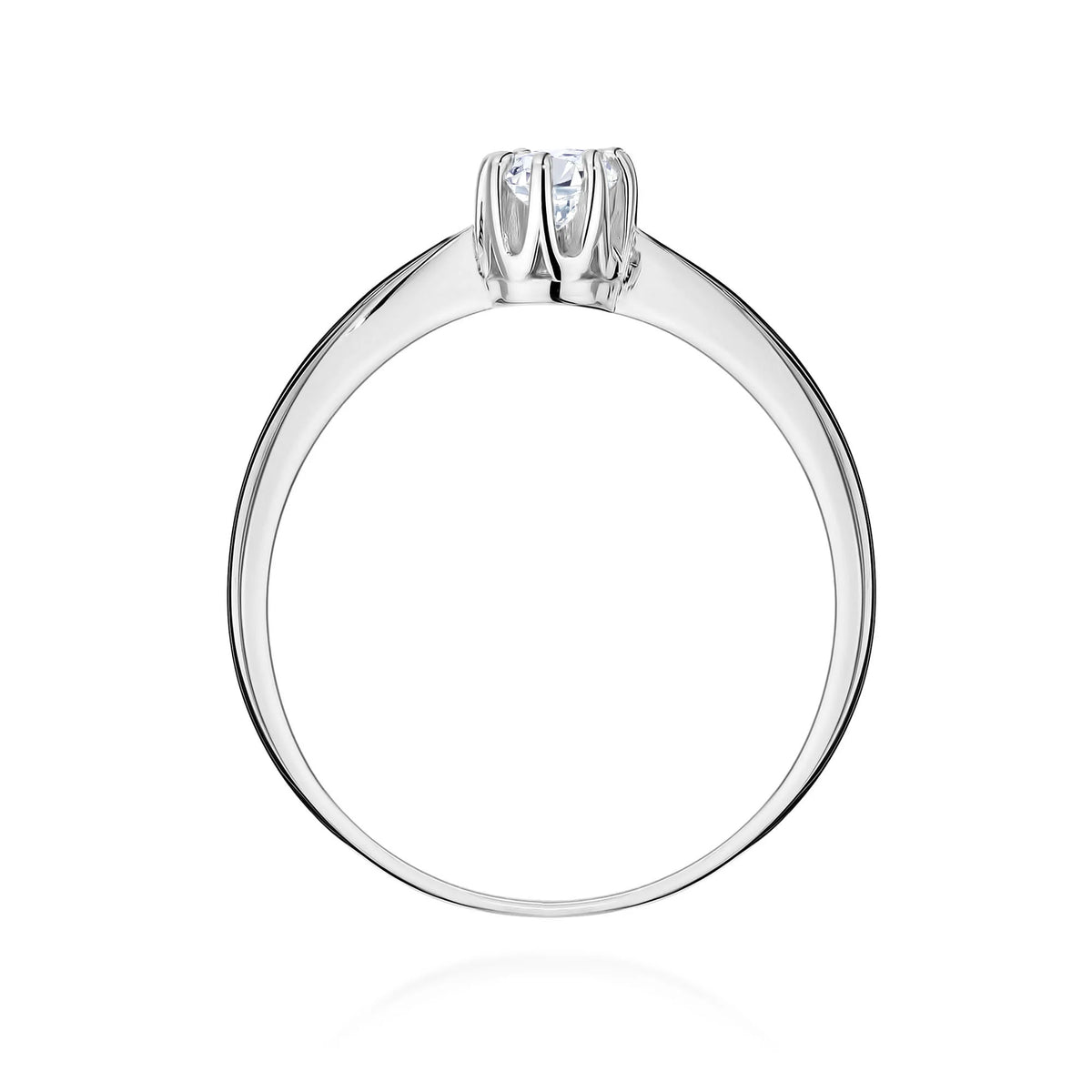 Solitérní prsten z bílého 14k zlata se zúženým ramenem a kulatým diamantem 0,15 ct