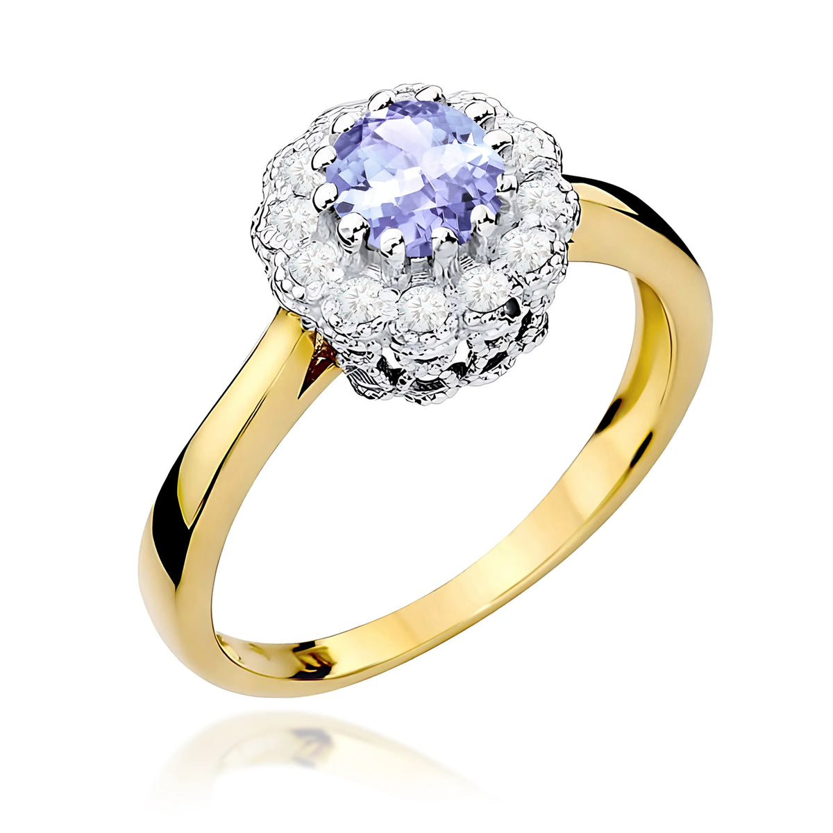 Květinový prsten ze žlutého 14k zlata s kulatým tanzanitem 0,50 ct a diamanty 0,174 ct