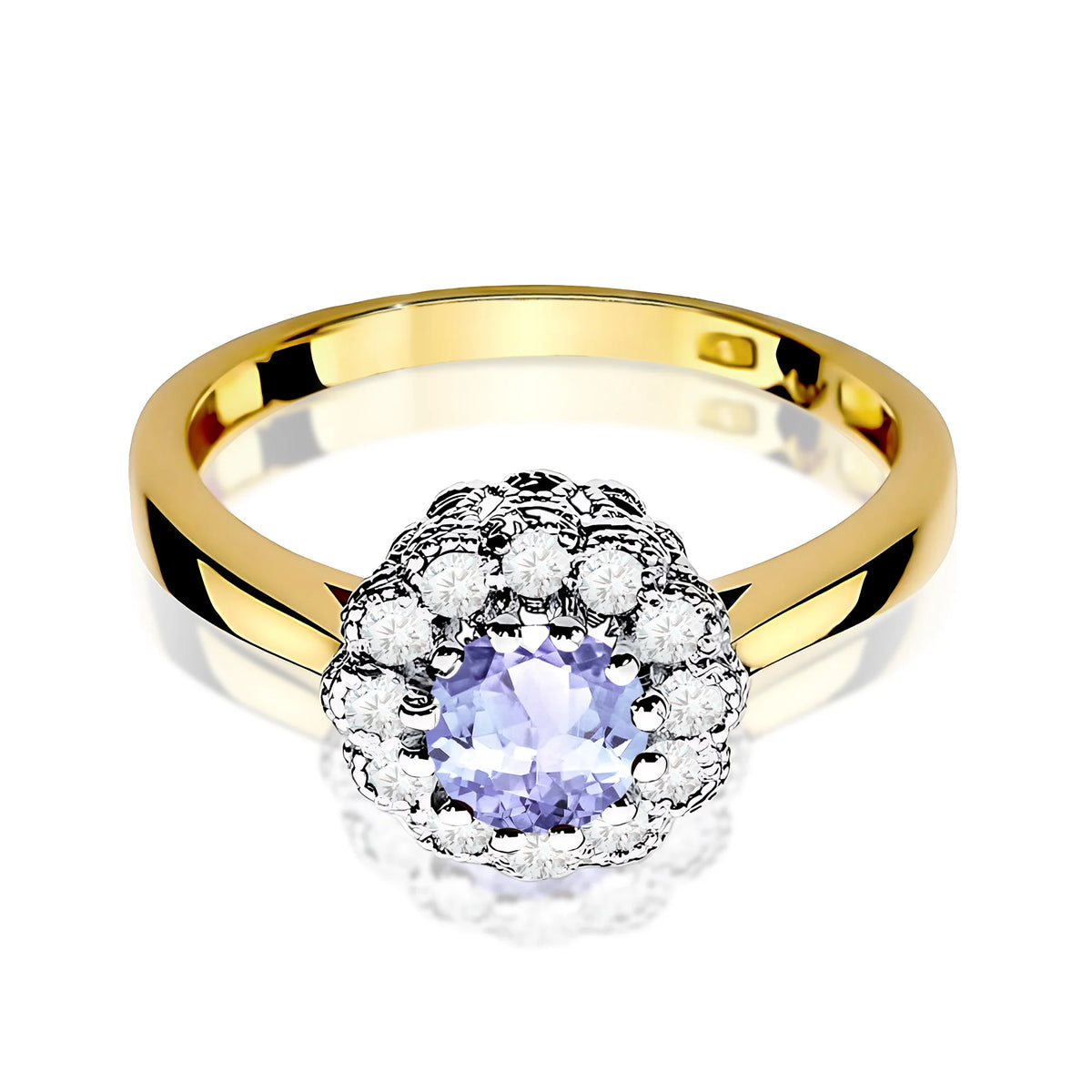 Květinový prsten ze žlutého 14k zlata s kulatým tanzanitem 0,50 ct a diamanty 0,174 ct