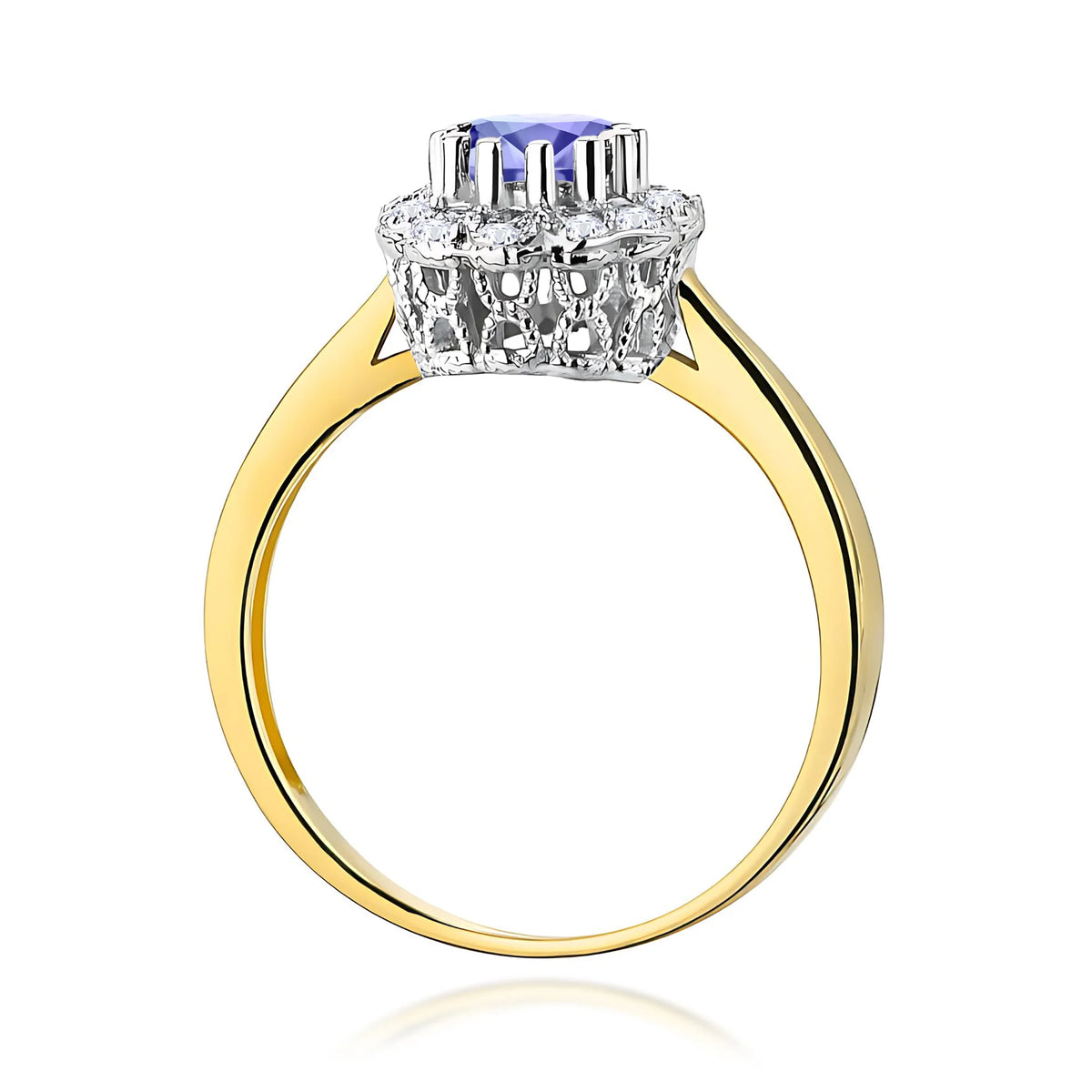 Květinový prsten ze žlutého 14k zlata s kulatým tanzanitem 0,50 ct a diamanty 0,174 ct