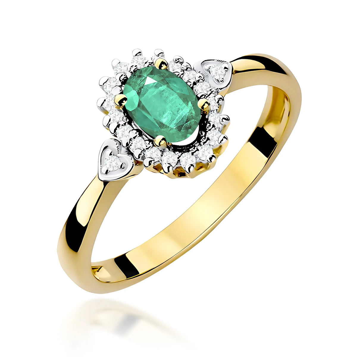 Halo prsten ze žlutého 14k zlata s oválným smaragdem 0,40 ct a diamanty 0,1 ct