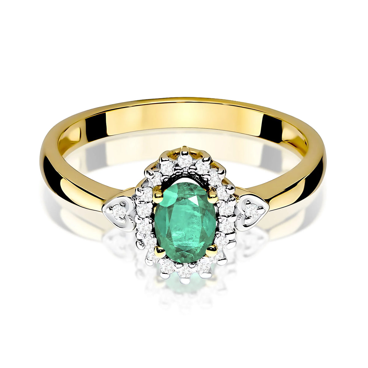 Halo prsten ze žlutého 14k zlata s oválným smaragdem 0,40 ct a diamanty 0,1 ct