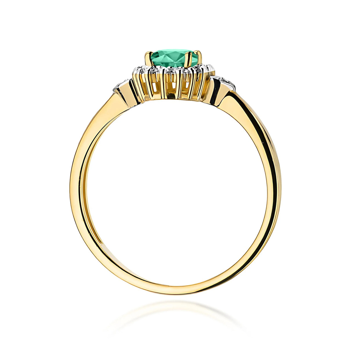 Halo prsten ze žlutého 14k zlata s oválným smaragdem 0,40 ct a diamanty 0,1 ct