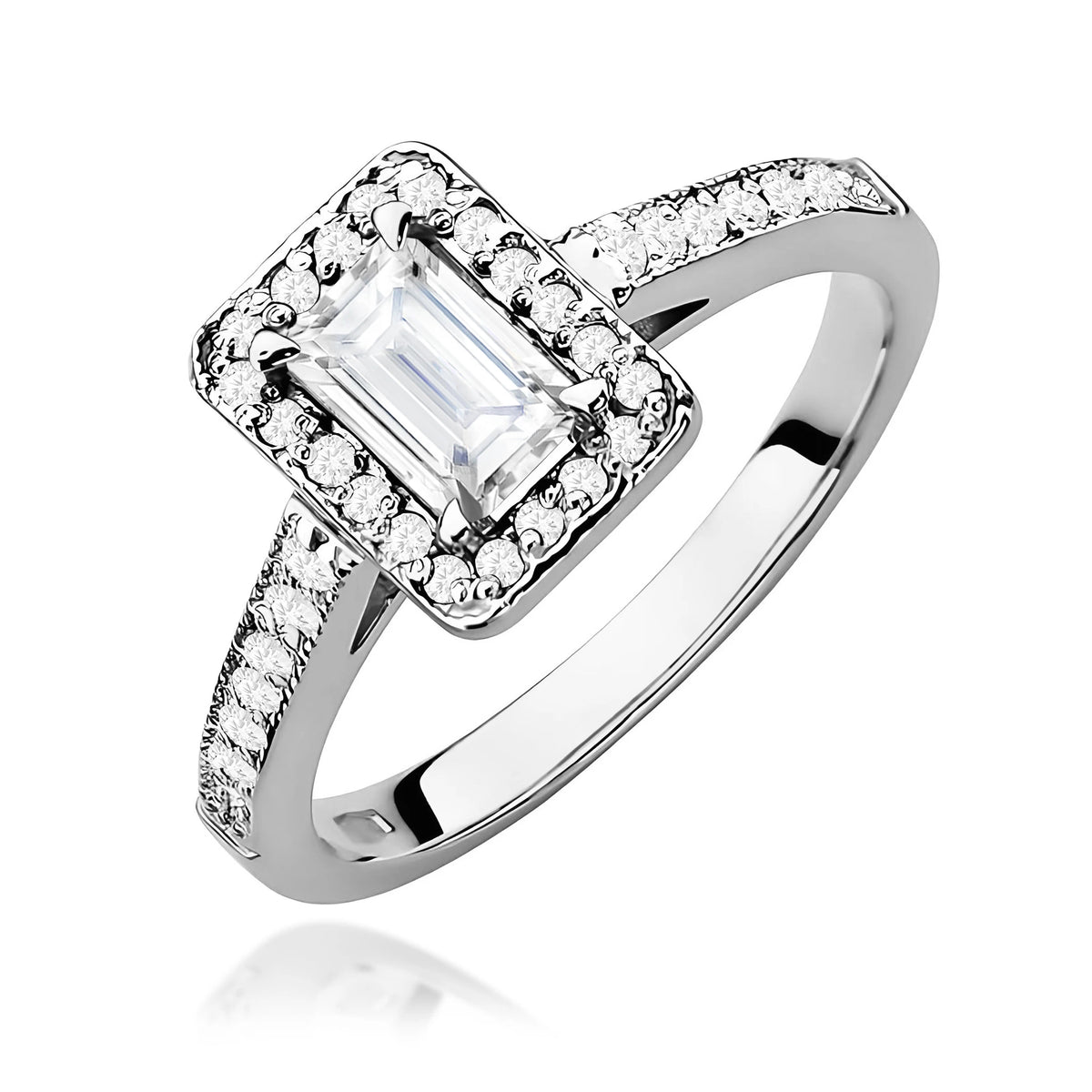 Prsten z bílého zlata – lab-grown diamant 0,60 ct, Emerald, doplněný 14 × 0,0086 ct + 20 × 0,005 ct lab-grown diamanty