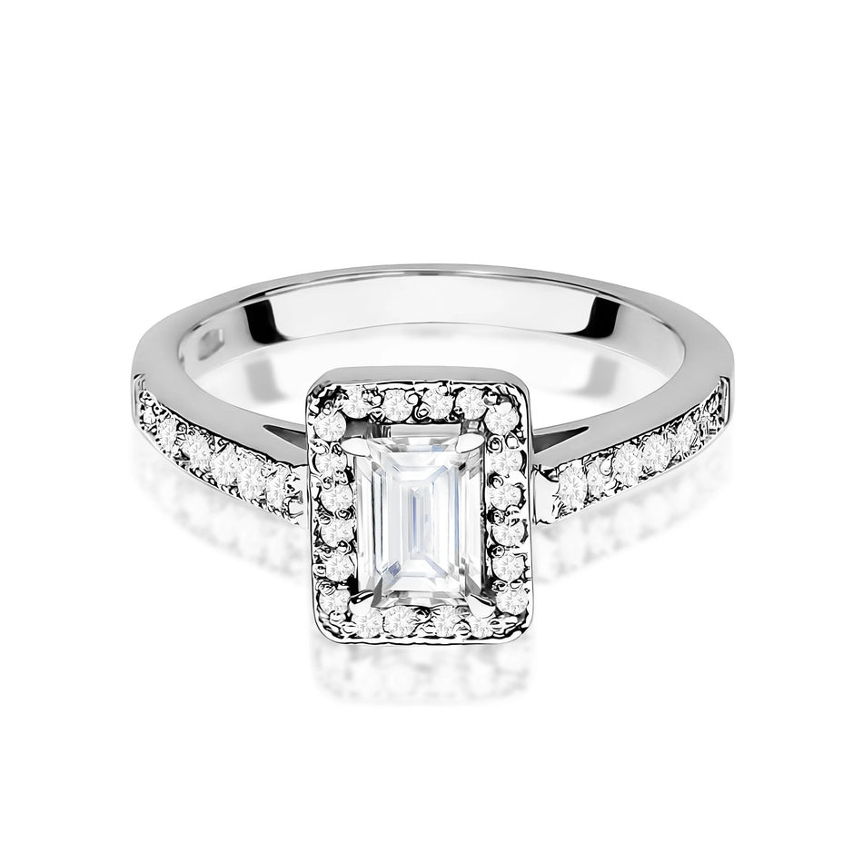 Prsten z bílého zlata – lab-grown diamant 0,60 ct, Emerald, doplněný 14 × 0,0086 ct + 20 × 0,005 ct lab-grown diamanty