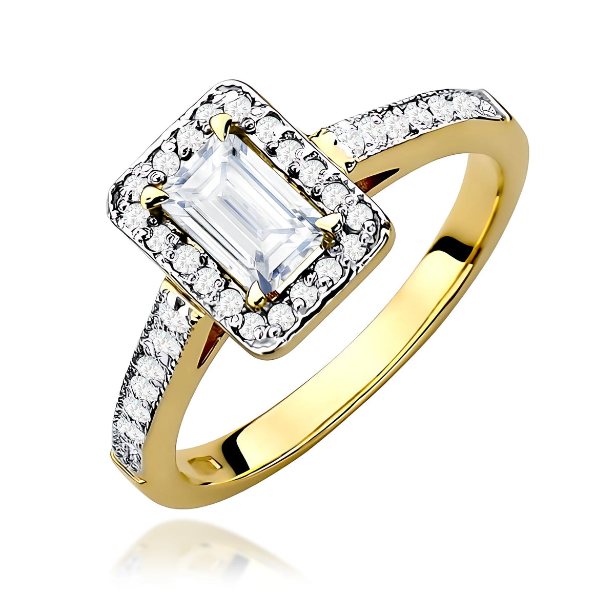 Prsten ze žlutého zlata – lab-grown diamant 0,60 ct, Emerald, doplněný 14 × 0,0086 ct + 20 × 0,005 ct lab-grown diamanty