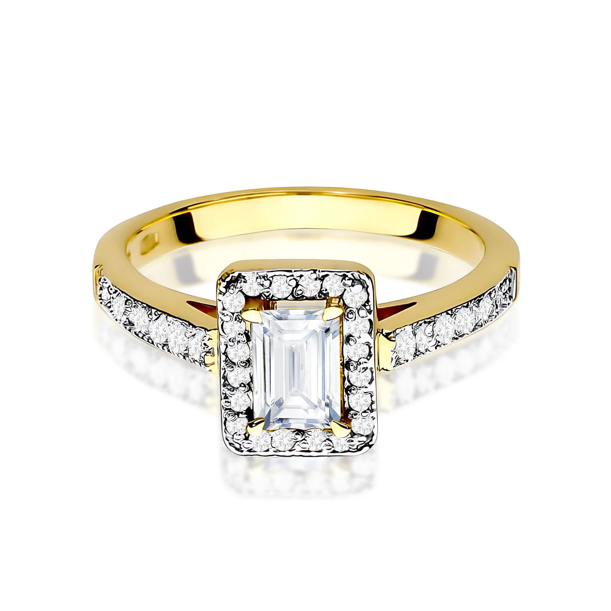 Prsten ze žlutého zlata – lab-grown diamant 0,60 ct, Emerald, doplněný 14 × 0,0086 ct + 20 × 0,005 ct lab-grown diamanty