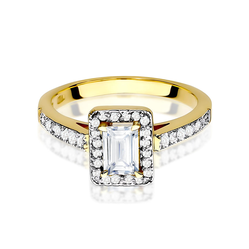 Prsten ze žlutého zlata – lab-grown diamant 0,60 ct, Emerald, doplněný 14 × 0,0086 ct + 20 × 0,005 ct lab-grown diamanty