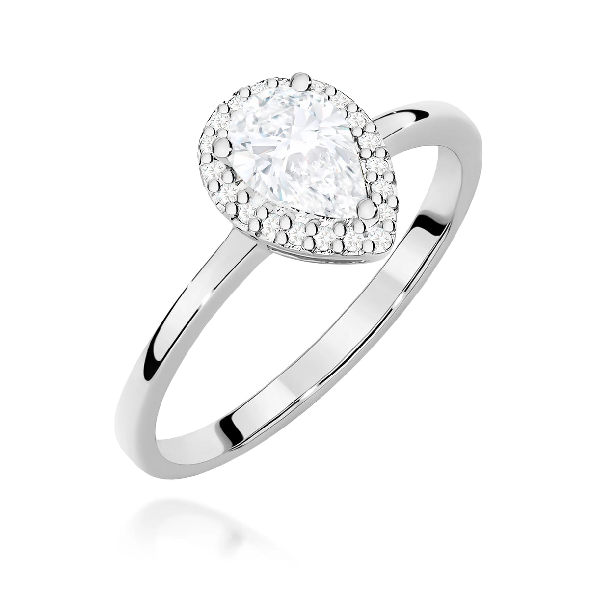 Prsten z bílého zlata – lab-grown diamant Pear o hmotnosti 0,65 ct, doplněný 20 × 0,005 ct lab-grown diamanty