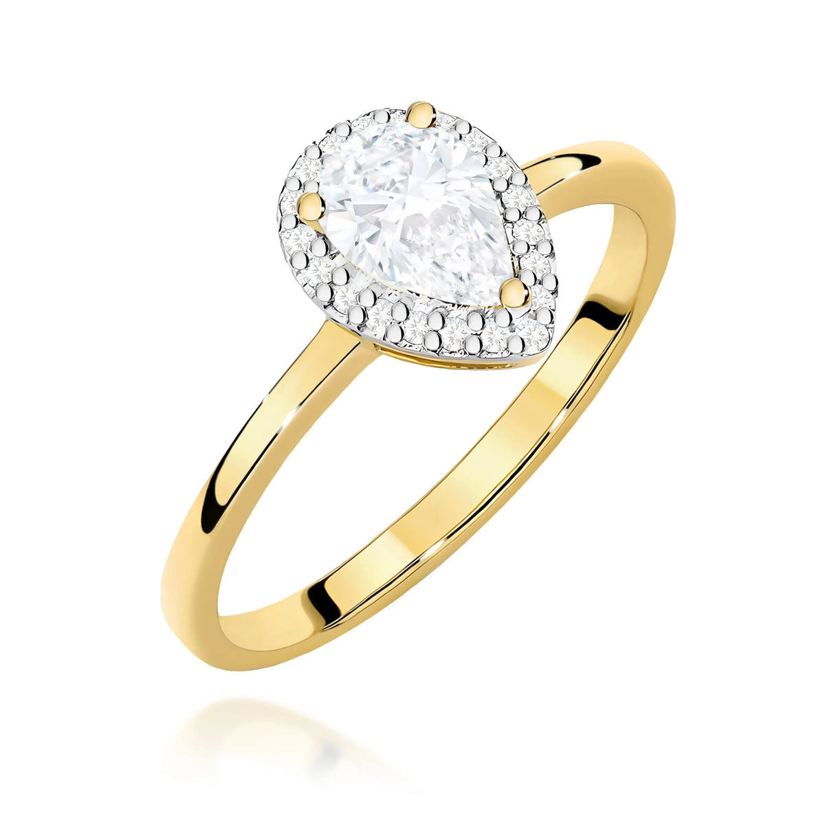 Prsten ze žlutého zlata – lab-grown diamant Pear o hmotnosti 0,65 ct, doplněný 20 × 0,005 ct lab-grown diamanty