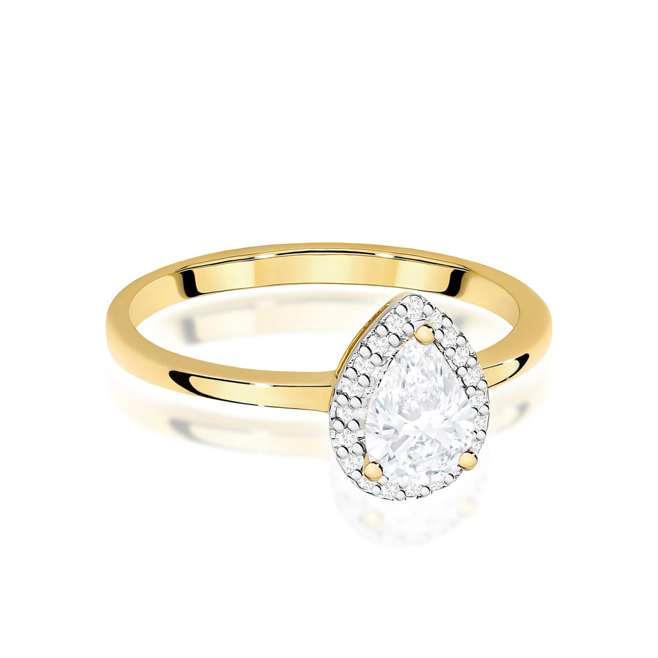 Prsten ze žlutého zlata – lab-grown diamant Pear o hmotnosti 0,65 ct, doplněný 20 × 0,005 ct lab-grown diamanty