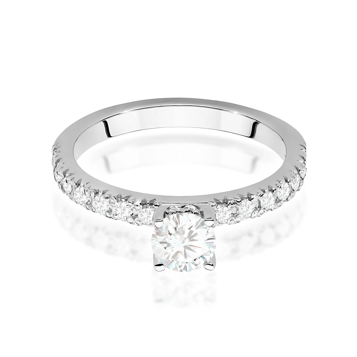Prsten z bílého zlata s kulatým centrálním lab-grown diamantem 0,40ct a bočními lab-grown diamanty 0,243ct
