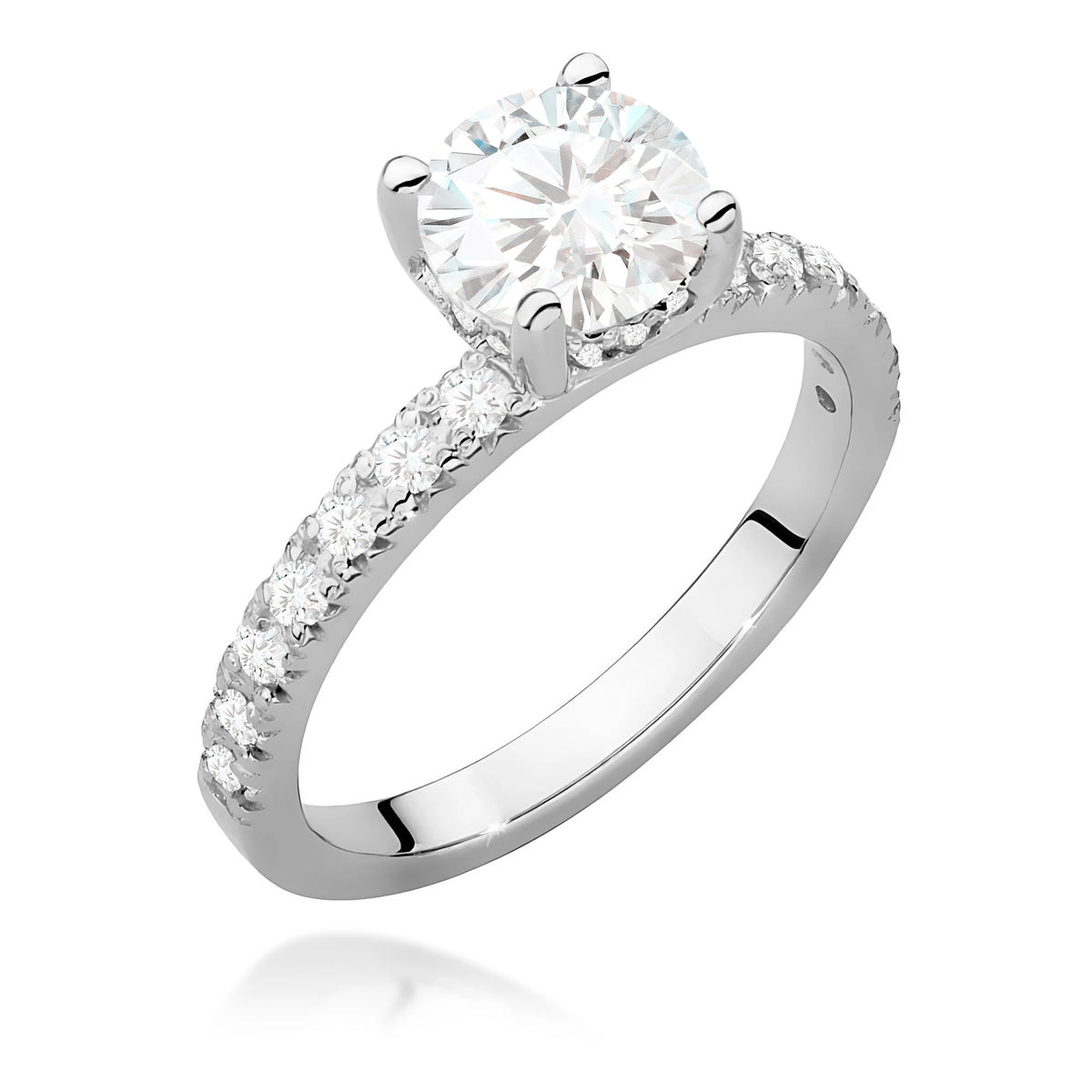 Prsten z bílého zlata – lab-grown diamant 1,00 ct, Round/Brilliant, doplněný 12 × 0,005 ct + 14 × 0,0145 ct lab-grown diamanty