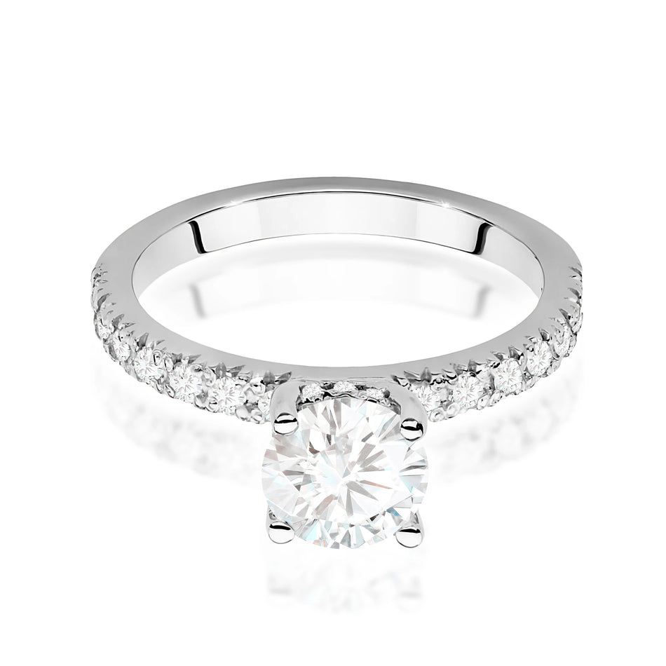 Prsten z bílého zlata – lab-grown diamant 1,00 ct, Round/Brilliant, doplněný 12 × 0,005 ct + 14 × 0,0145 ct lab-grown diamanty
