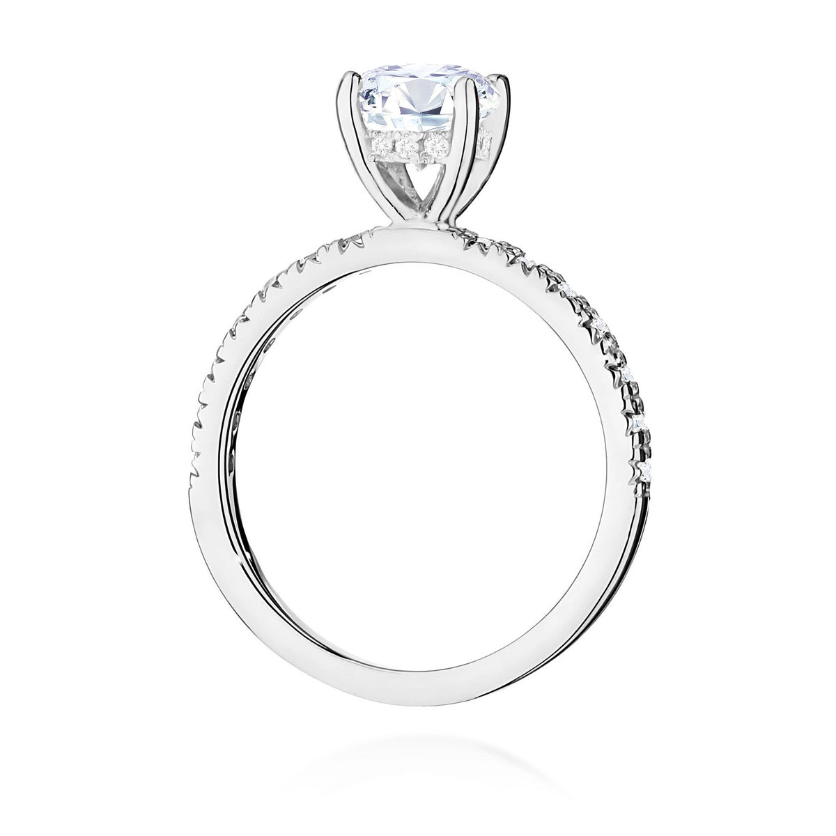 Prsten z bílého zlata – lab-grown diamant 1,00 ct, Round/Brilliant, doplněný 12 × 0,005 ct + 14 × 0,0145 ct lab-grown diamanty