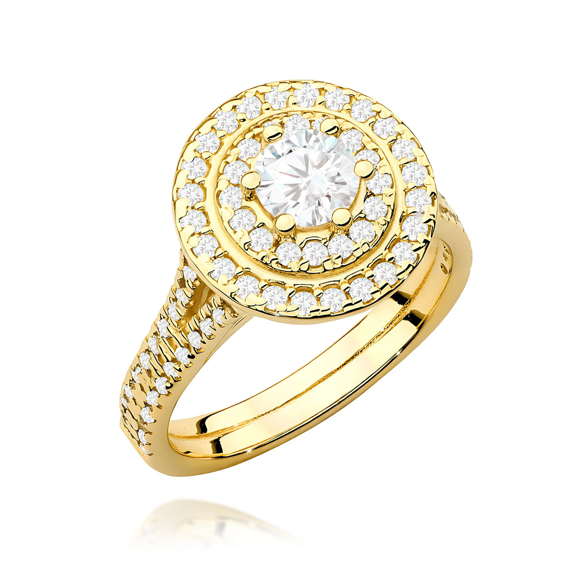 Prsten ze žlutého zlata s lab-grown diamantem Round/Brilliant o hmotnosti 0,50 ct a 48 × 0,0086 ct + 40 × 0,005 ct lab-grown diamanty