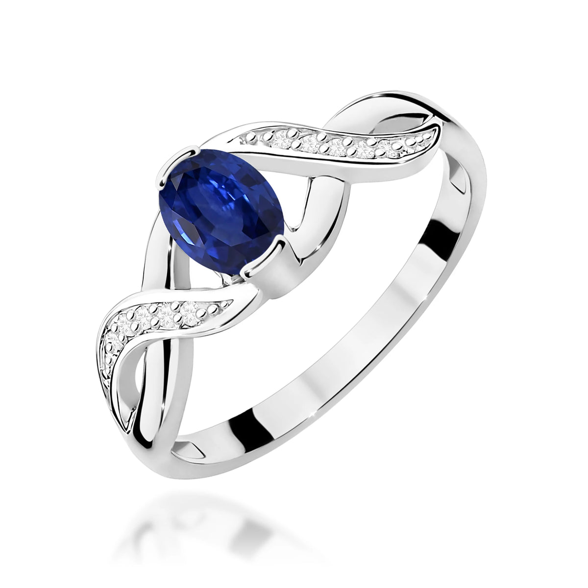 Prsten nekonečna z bílého 14k zlata s oválným safírem 0,70 ct a diamanty 0,05 ct