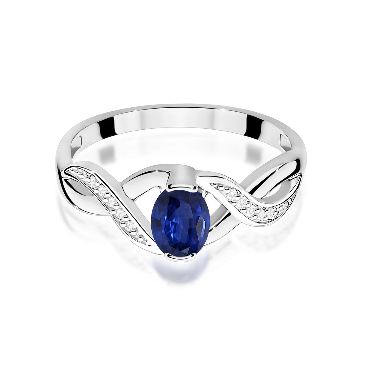 Prsten nekonečna z bílého 14k zlata s oválným safírem 0,70 ct a diamanty 0,05 ct