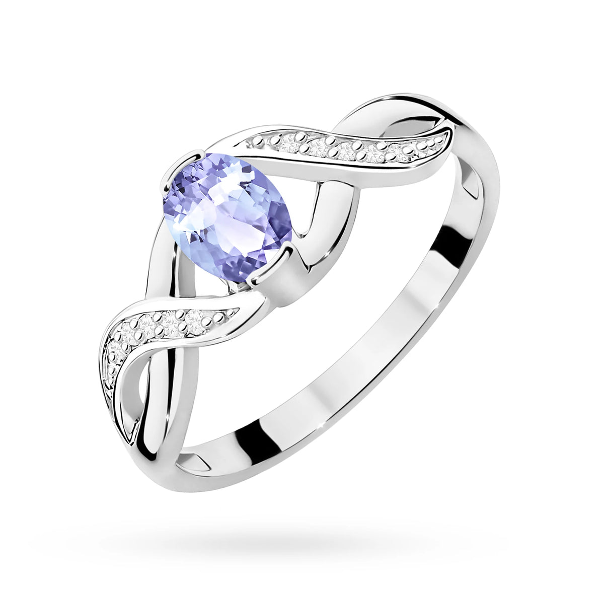 Prsten nekonečna z bílého 14k zlata s oválným tanzanitem 0,40 ct a diamanty 0,05 ct