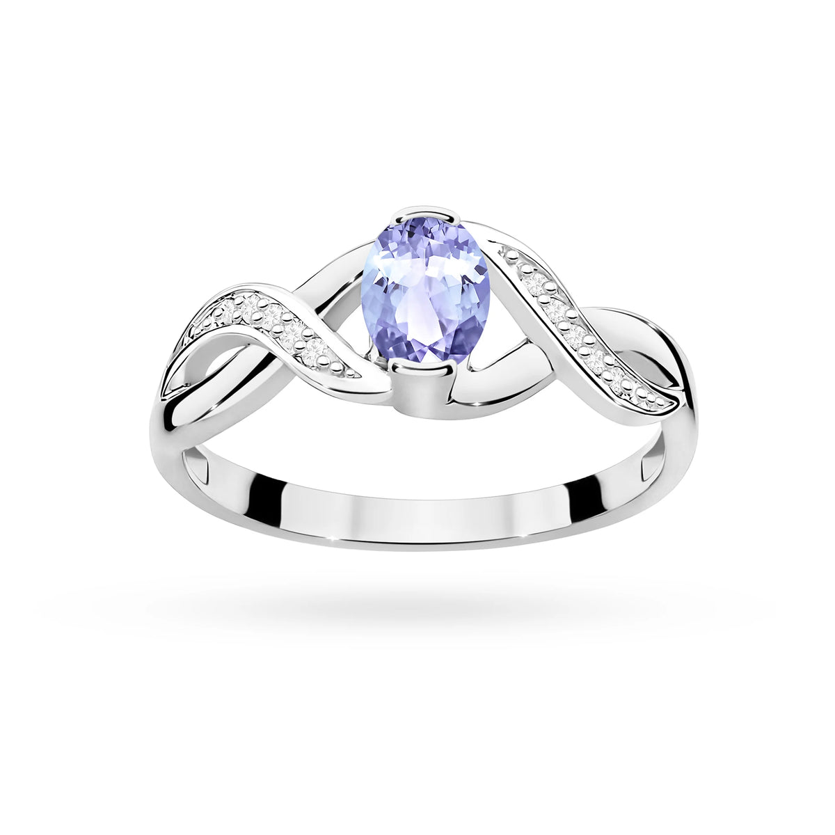 Prsten nekonečna z bílého 14k zlata s oválným tanzanitem 0,40 ct a diamanty 0,05 ct