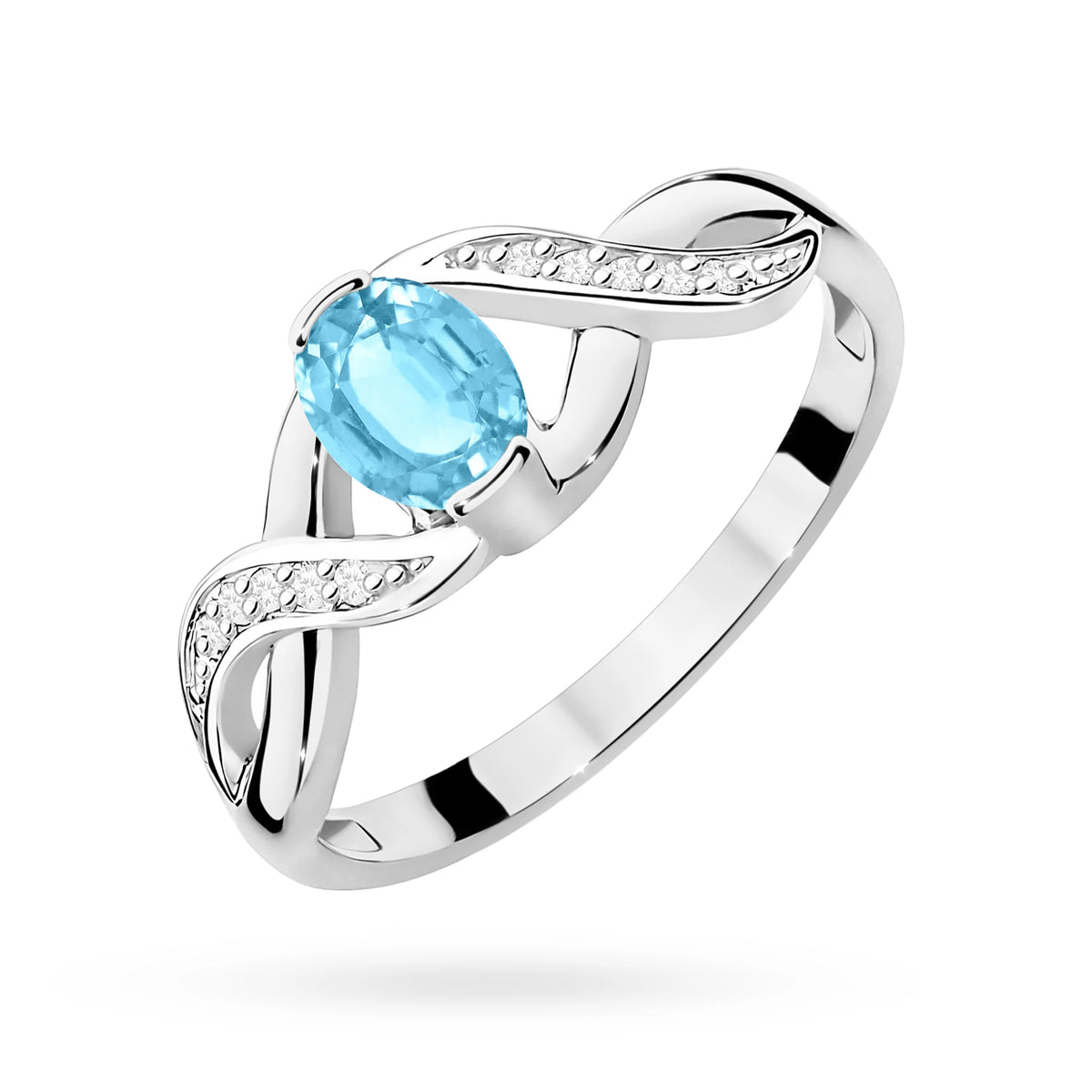 Prsten nekonečna z bílého 14k zlata s oválným topazem Swiss Blue 0,50 ct a diamanty 0,05 ct