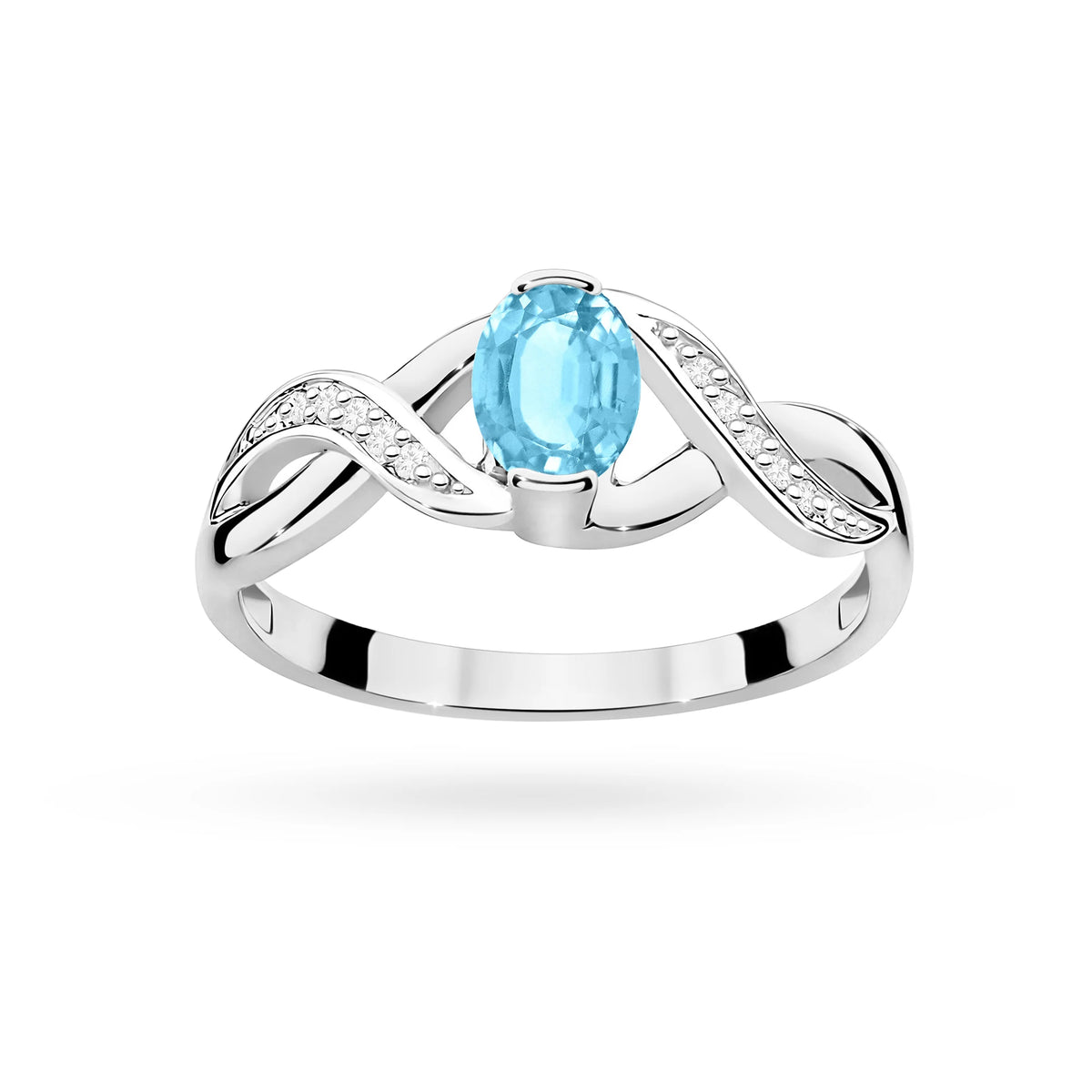 Prsten nekonečna z bílého 14k zlata s oválným topazem Swiss Blue 0,50 ct a diamanty 0,05 ct