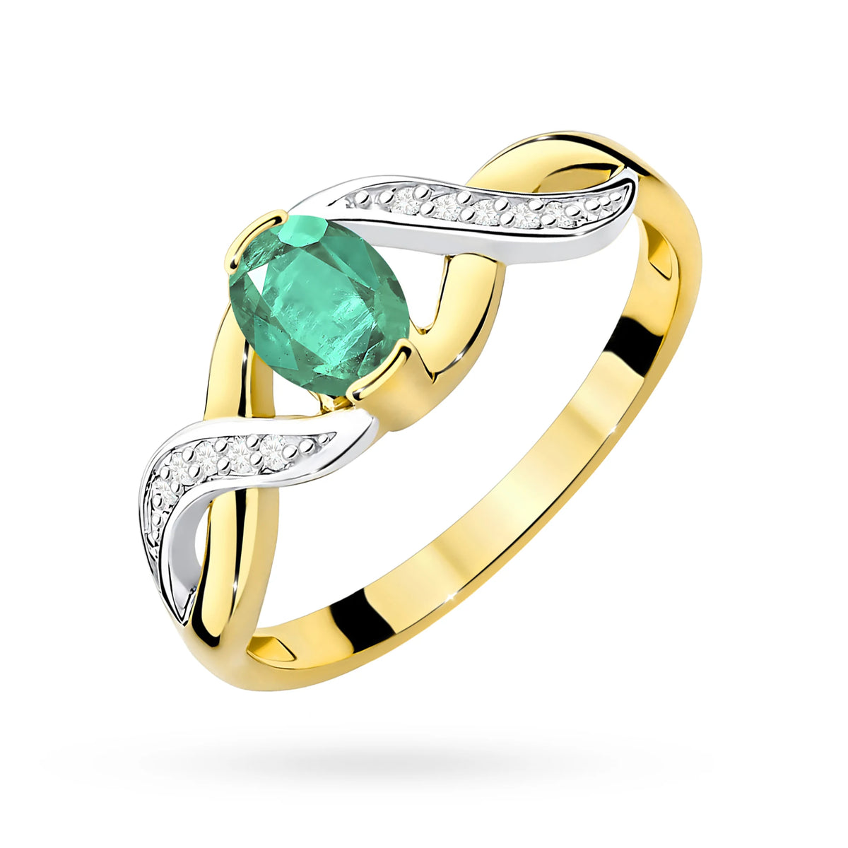 Prsten nekonečna ze žlutého 14k zlata s oválným smaragdem 0,40 ct a diamanty 0,05 ct
