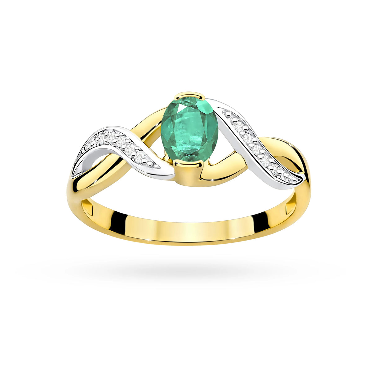Prsten nekonečna ze žlutého 14k zlata s oválným smaragdem 0,40 ct a diamanty 0,05 ct
