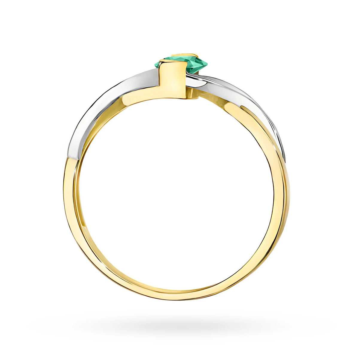 Prsten nekonečna ze žlutého 14k zlata s oválným smaragdem 0,40 ct a diamanty 0,05 ct
