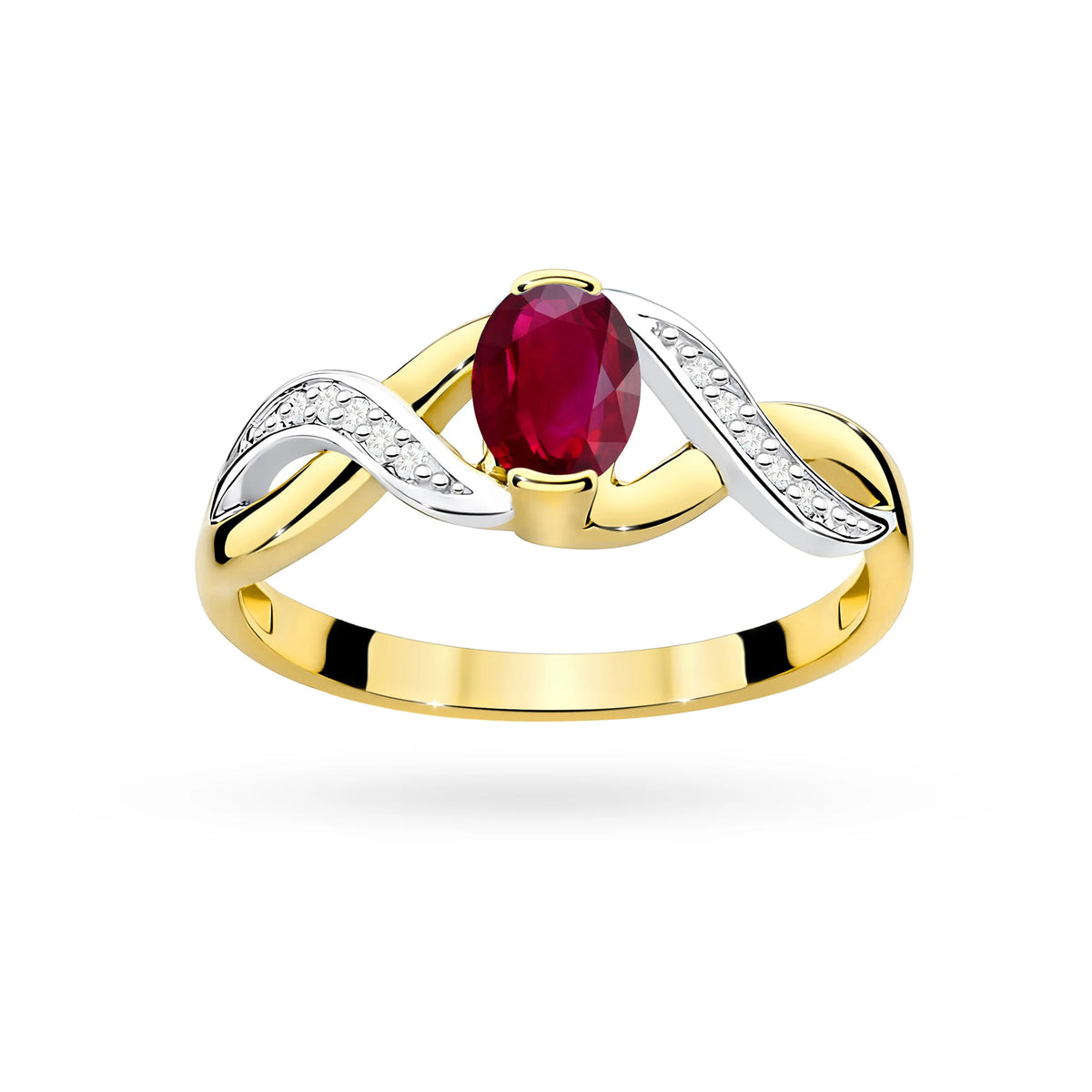 Prsten nekonečna ze žlutého 14k zlata s oválným rubínem 0,60 ct a diamanty 0,05 ct