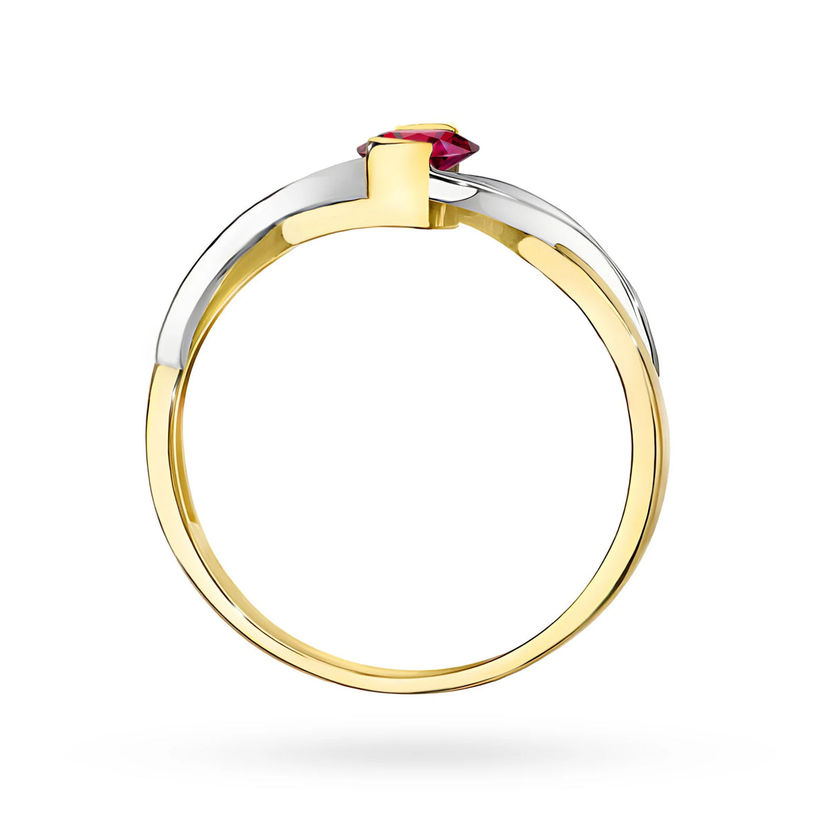 Prsten nekonečna ze žlutého 14k zlata s oválným rubínem 0,60 ct a diamanty 0,05 ct