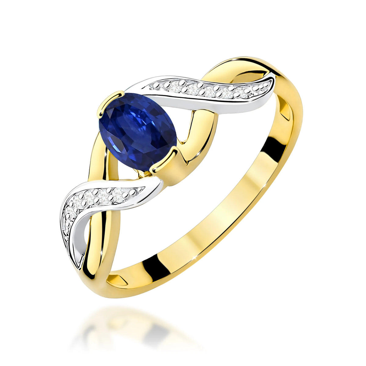 Prsten nekonečna ze žlutého 14k zlata s oválným modrým safírem 0,70 ct a diamanty 0,05 ct