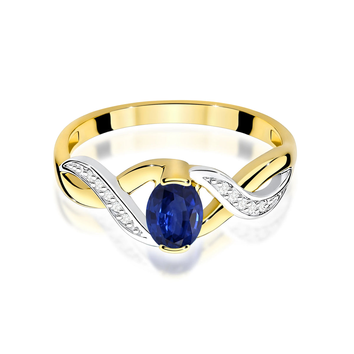 Prsten nekonečna ze žlutého 14k zlata s oválným modrým safírem 0,70 ct a diamanty 0,05 ct
