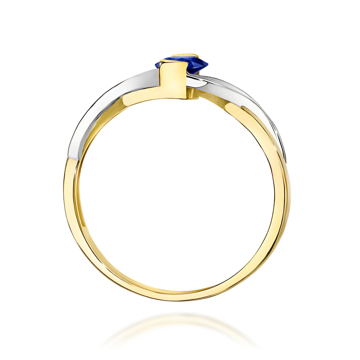 Prsten nekonečna ze žlutého 14k zlata s oválným modrým safírem 0,70 ct a diamanty 0,05 ct