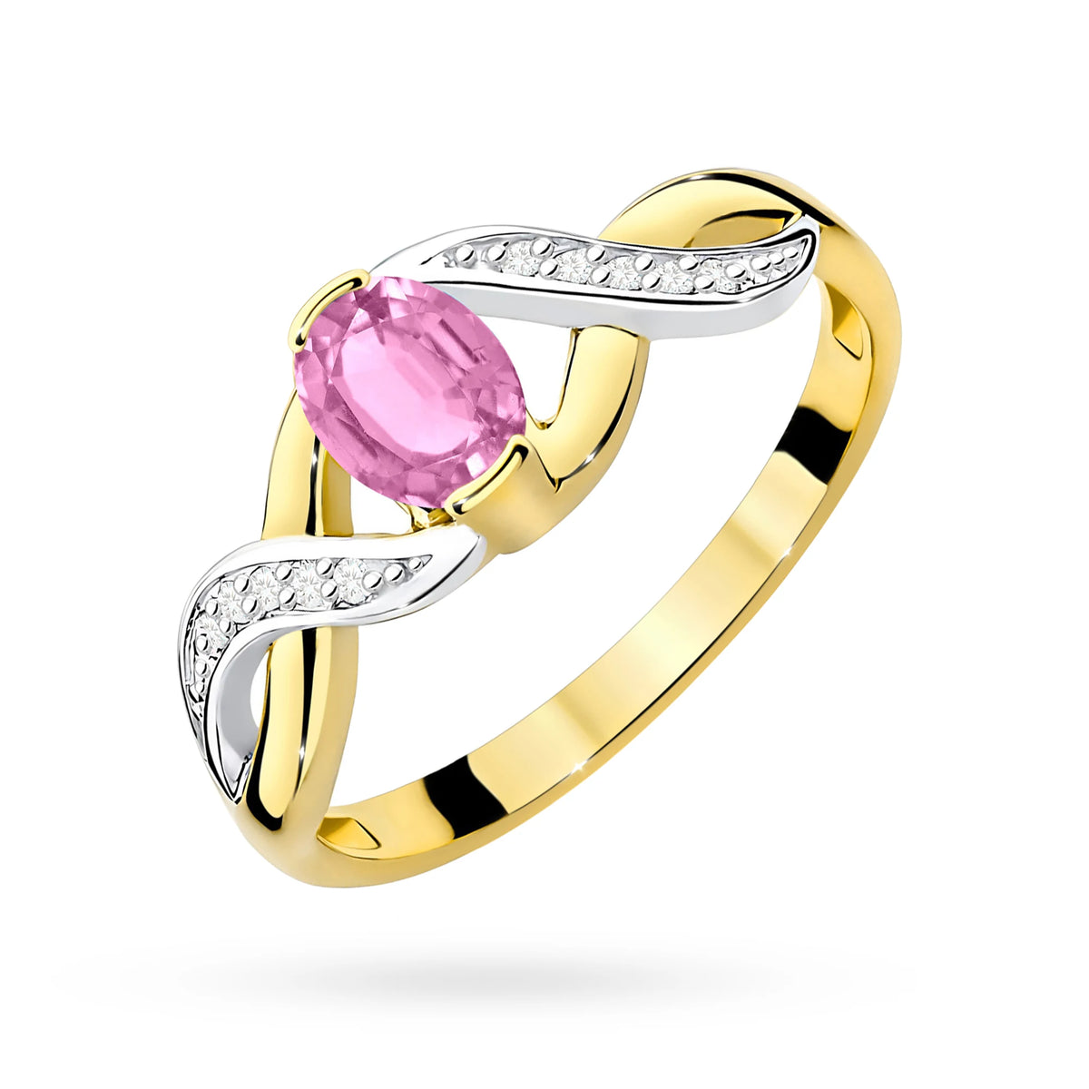 Prsten nekonečna ze žlutého 14k zlata s oválným růžovým safírem 0,45 ct a diamanty 0,05 ct
