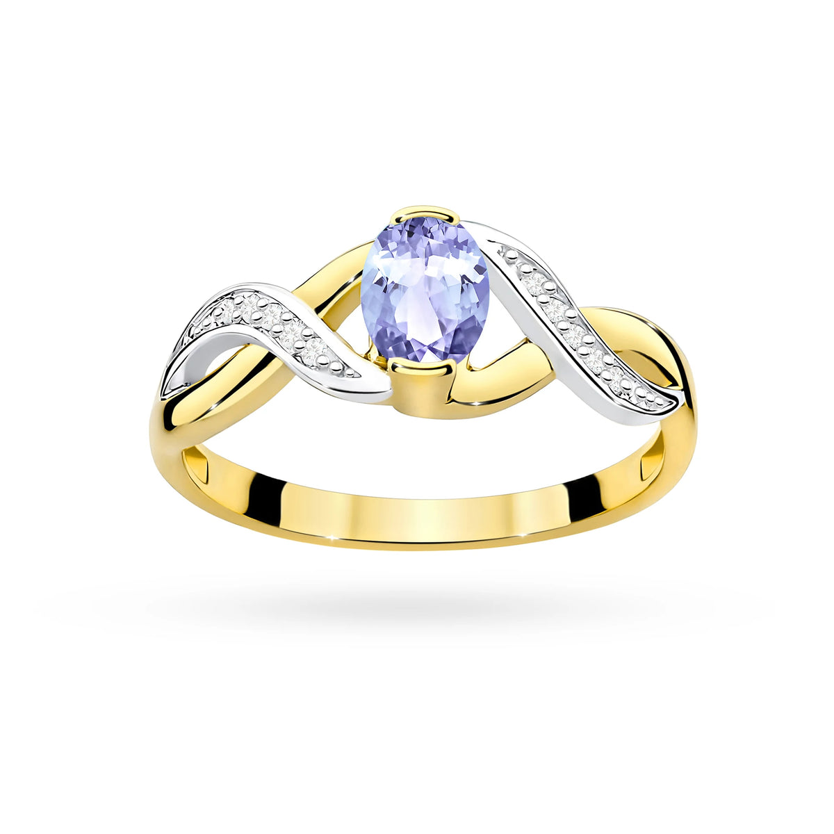 Prsten nekonečna ze žlutého 14k zlata s oválným tanzanitem 0,40 ct a diamanty 0,05 ct