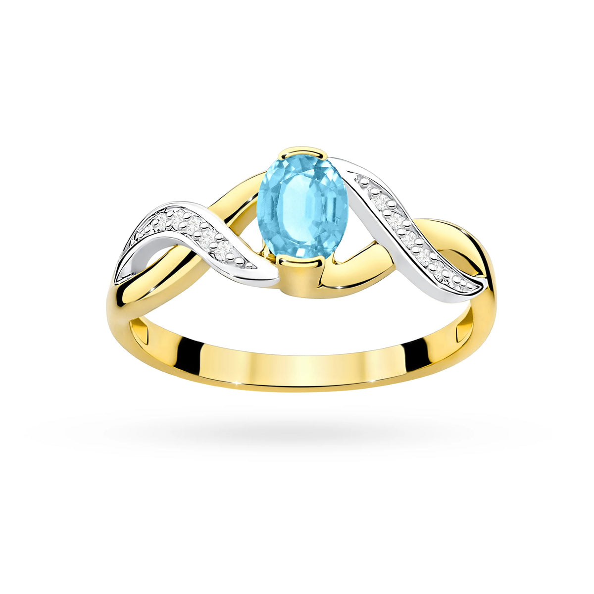 Prsten nekonečna ze žlutého 14k zlata s oválným topazem Swiss Blue 0,50 ct a diamanty 0,05 ct