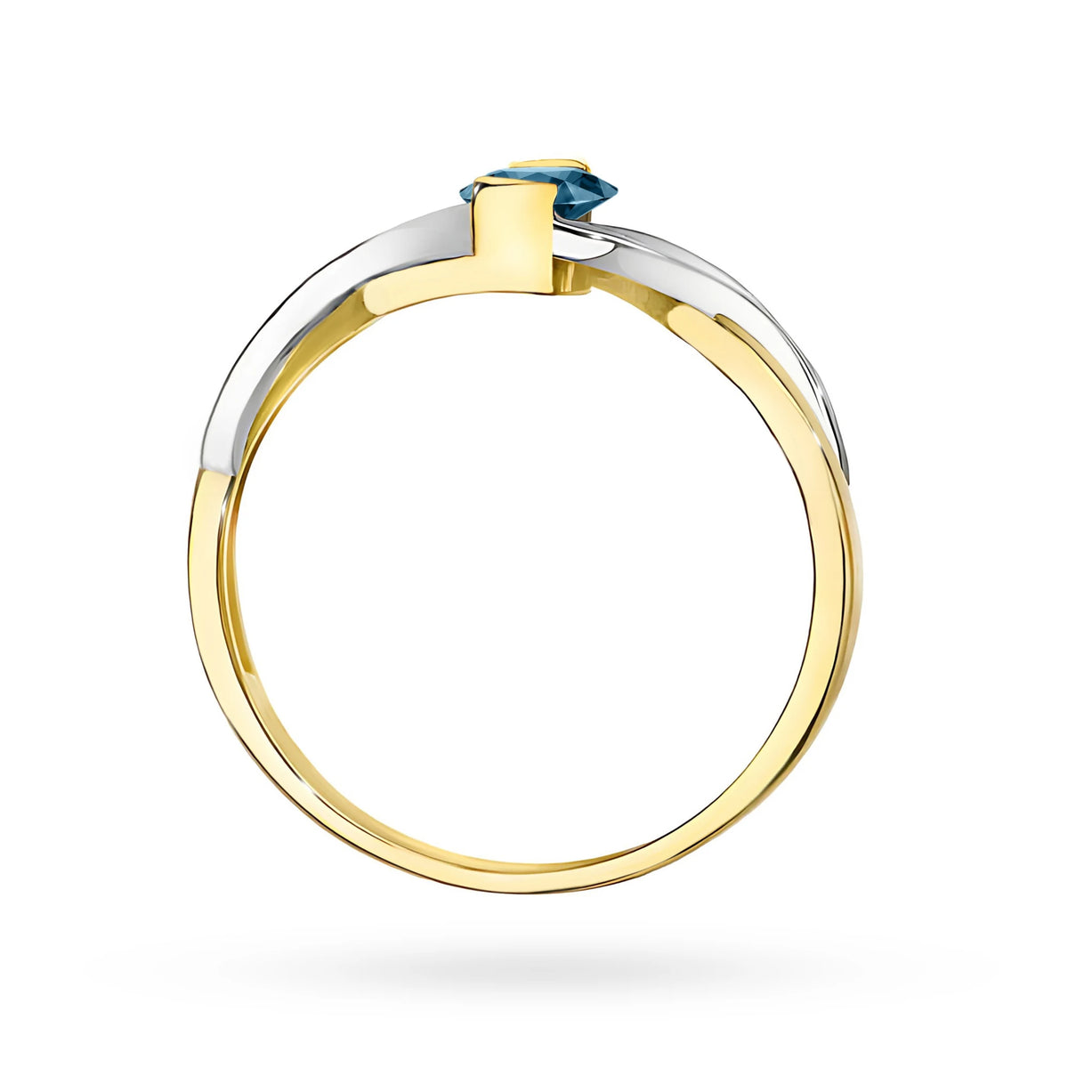 Prsten nekonečna ze žlutého 14k zlata s oválným topazem London Blue 0,50 ct a diamanty 0,05 ct