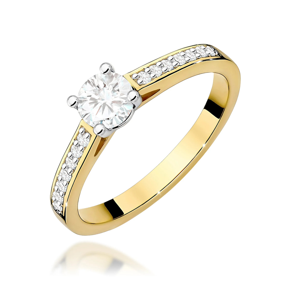 Zásnubní prsten ze žlutého 14k zlata se čtyřmi krapnami s diamantem uprostřed 0,50 ct a diamanty na ramenou prstenu 0,12 ct