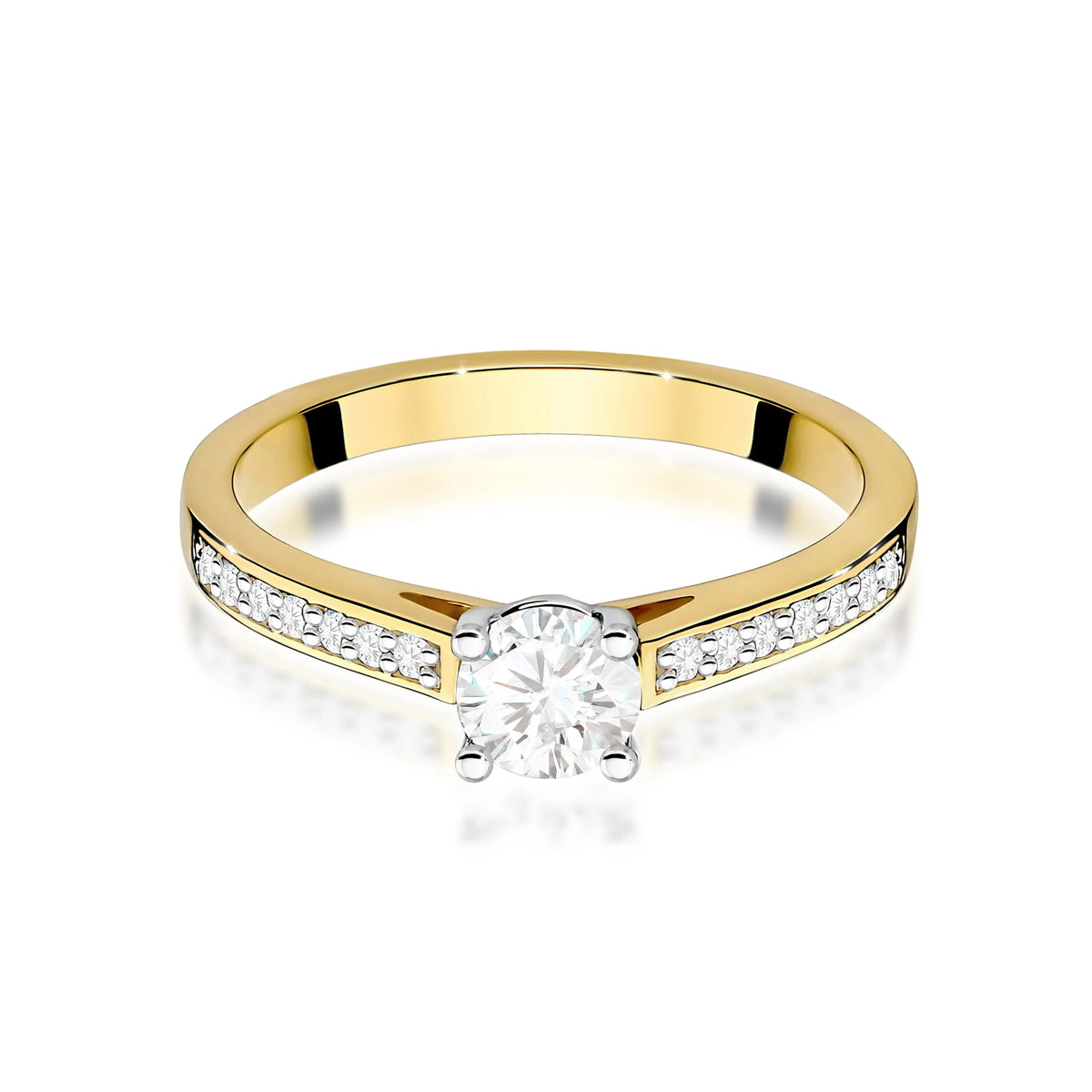 Zásnubní prsten ze žlutého 14k zlata se čtyřmi krapnami s diamantem uprostřed 0,50 ct a diamanty na ramenou prstenu 0,12 ct