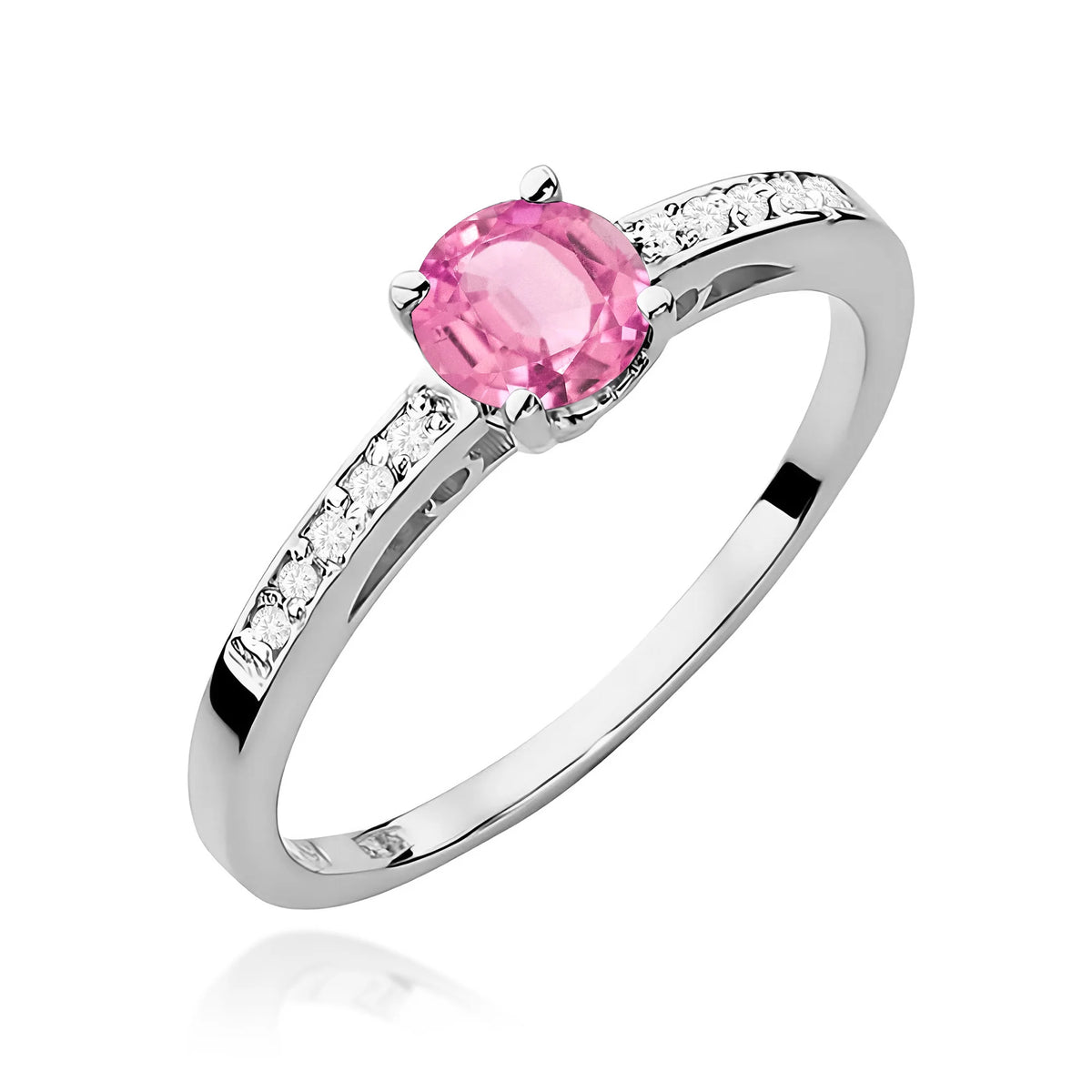 Prsten z bílého 14k zlata s diamanty na ramenou prstenu s růžovým topazem 0,60 ct a diamanty 0,05 ct