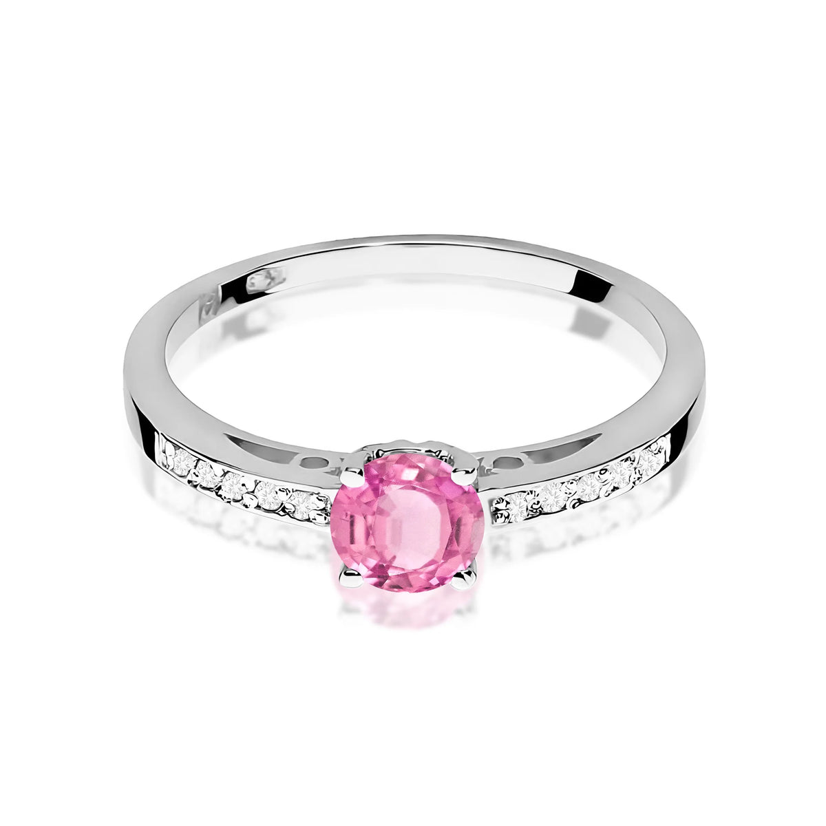 Prsten z bílého 14k zlata s diamanty na ramenou prstenu s růžovým topazem 0,60 ct a diamanty 0,05 ct