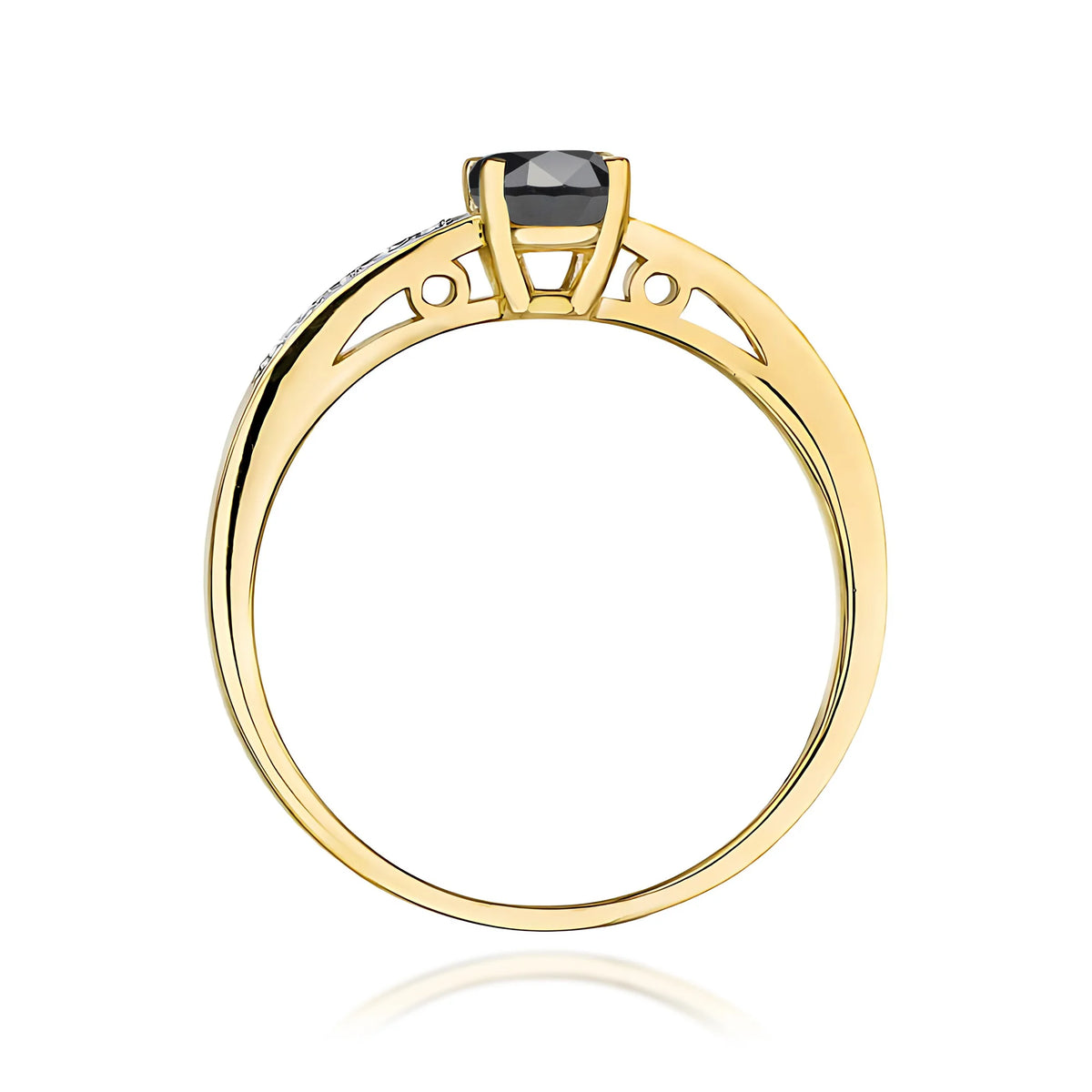 Prsten ze žlutého 14k zlata s diamanty na ramenou prstenu s černým diamantem 0,50 ct a diamanty 0,05 ct