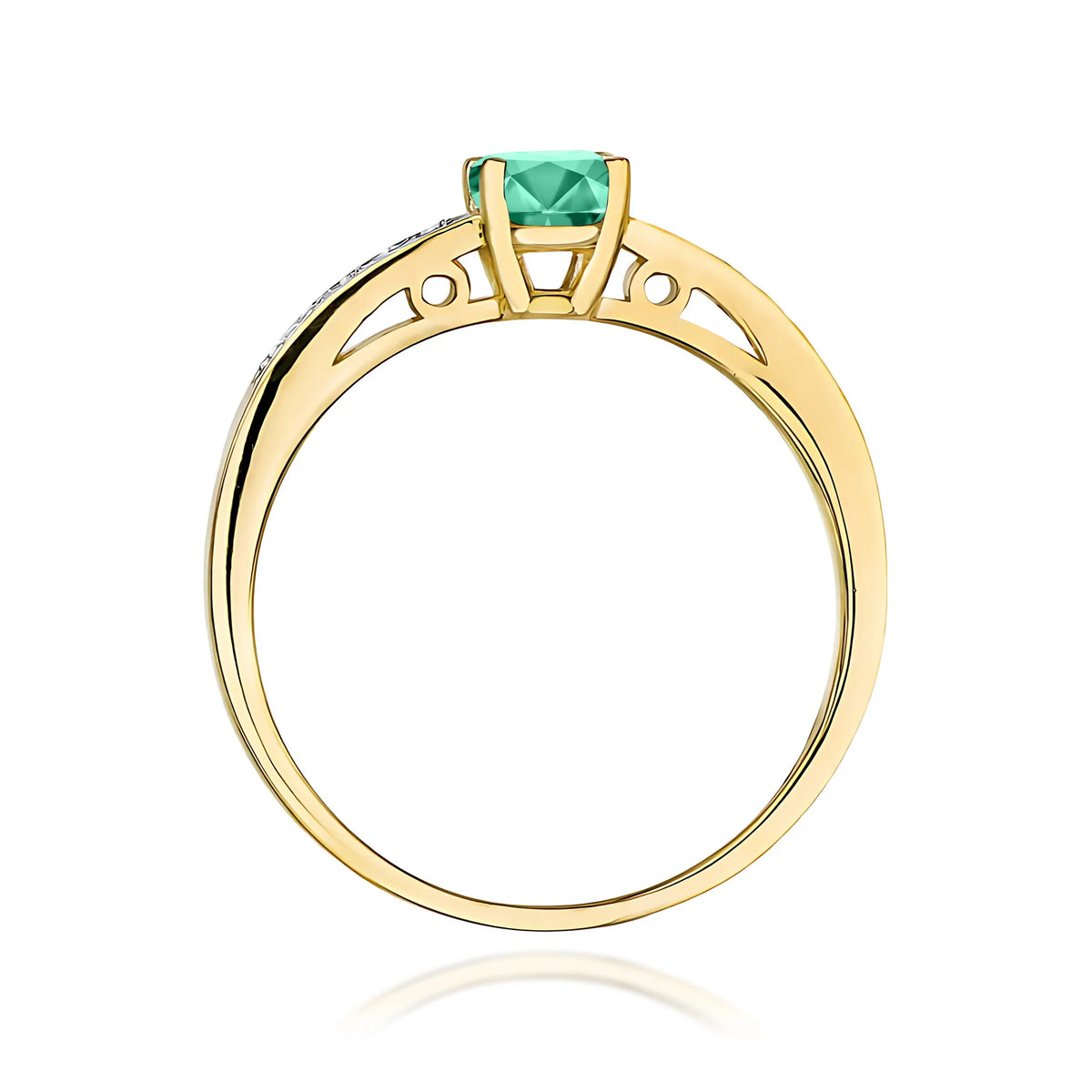 Prsten ze žlutého 14k zlata s diamanty na ramenou prstenu se smaragdem 0,50 ct a diamanty 0,05 ct