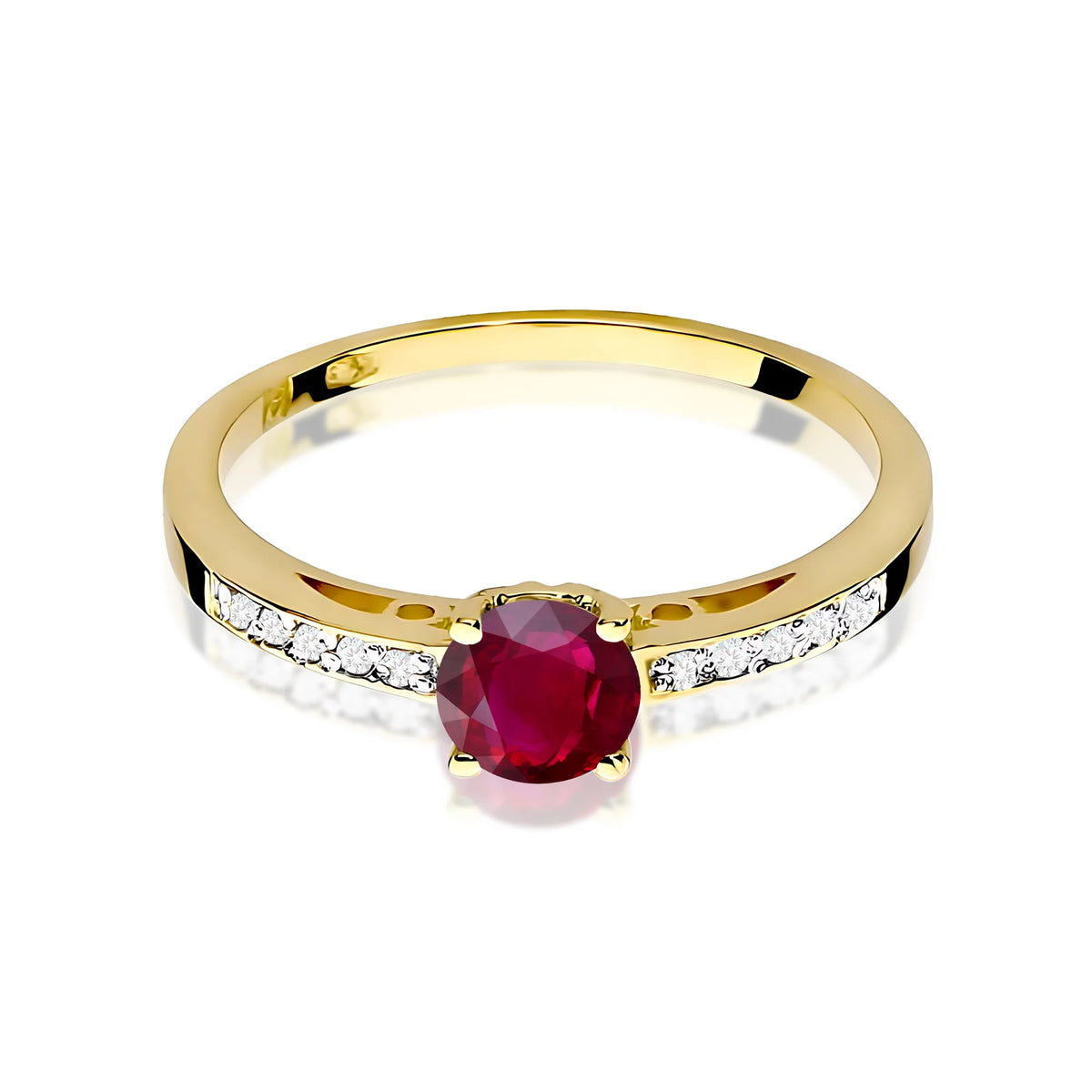 Prsten ze žlutého 14k zlata s diamanty na ramenou prstenu s rubínem 0,60 ct a diamanty 0,05 ct