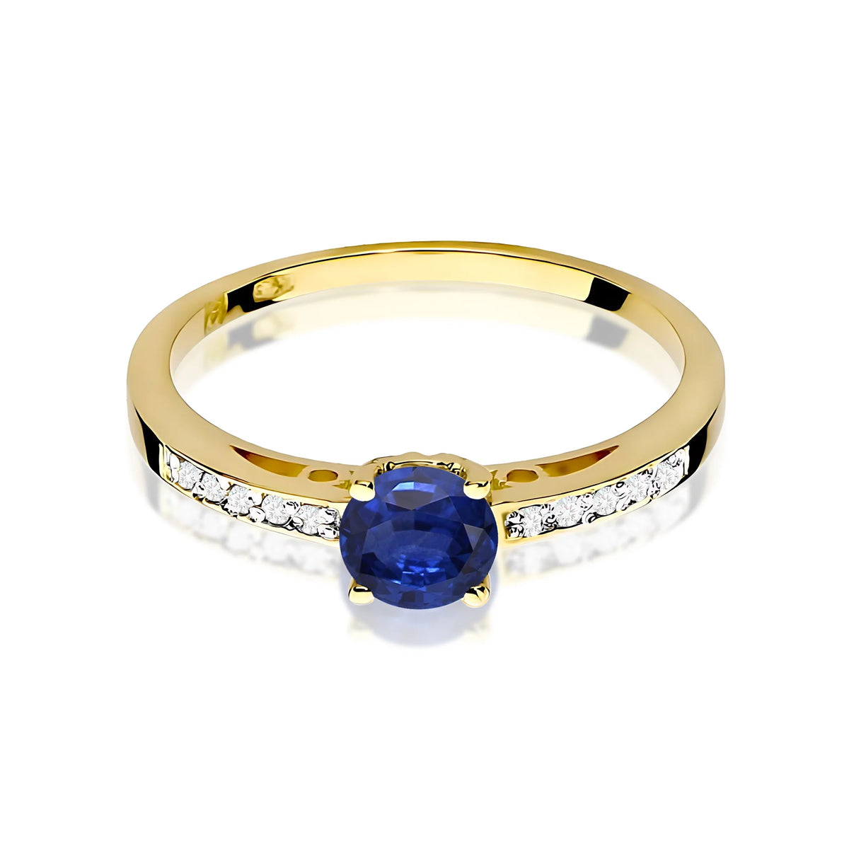 Prsten ze žlutého 14k zlata s diamanty na ramenou prstenu s modrým safírem 0,50 ct a diamanty 0,05 ct