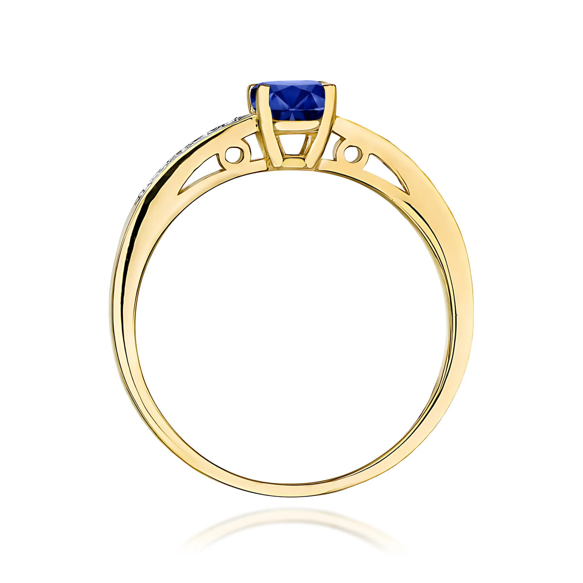 Prsten ze žlutého 14k zlata s diamanty na ramenou prstenu s modrým safírem 0,50 ct a diamanty 0,05 ct