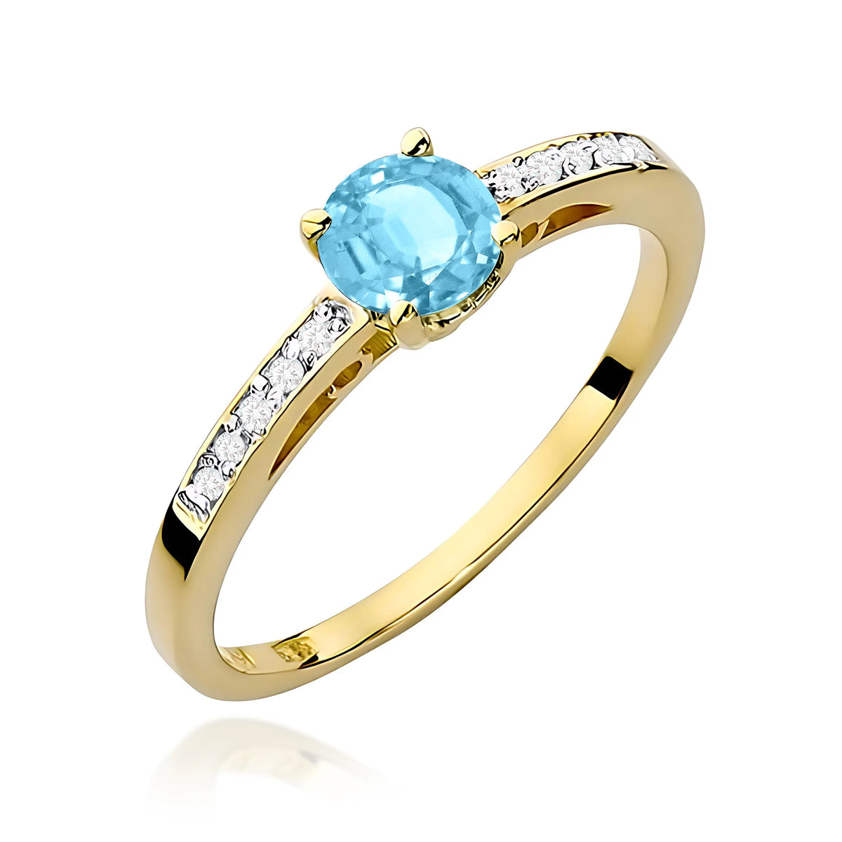 Prsten ze žlutého 14k zlata s diamanty na ramenou prstenu s topazem Swiss Blue 0,50 ct a diamanty 0,05 ct