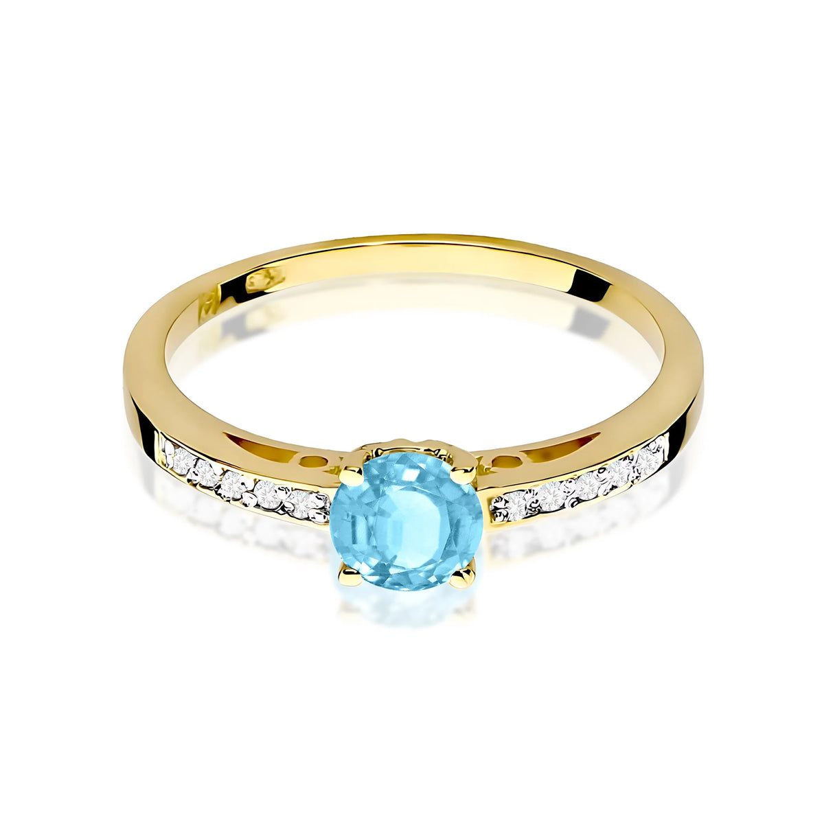 Prsten ze žlutého 14k zlata s diamanty na ramenou prstenu s topazem Swiss Blue 0,50 ct a diamanty 0,05 ct