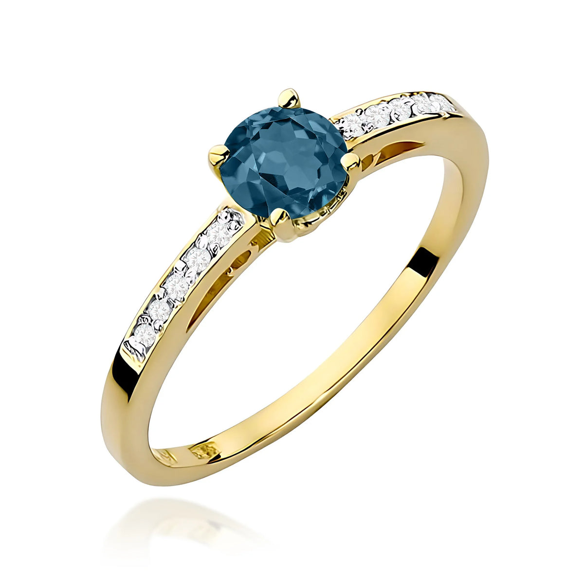 Prsten ze žlutého 14k zlata s diamanty na ramenou prstenu s topazem London Blue 0,50 ct a diamanty 0,05 ct
